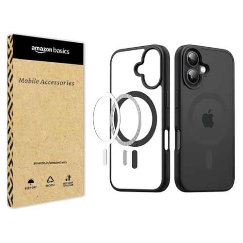 Image of amazon basics Mag-Safe Case Compatible for iPhone 16 Cover | Transparent Ultra Hybrid Drop and Camera Protection Back Cover Case Compatible for iPhone 16 (Black)
