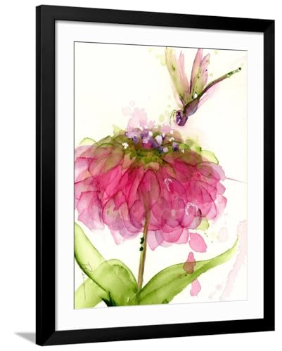ART.COM Wall Art Print Dragonfly and Zinnia on Black Frame by Dawn Derman, 32" x 40"