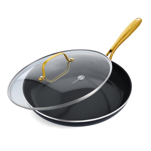 Image of GreenPan Swift Cookware 12" Frying Pan Skillet with Glass Lid, Healthy Ceramic Nonstick Coating, Heavy-Gauge Aluminum, Gold-Tone Stainless Steel Handle, PFAS-Free, Dishwasher & Oven Safe, Black