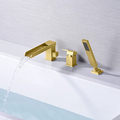 Sumerain Roman Tub Faucet With Hand Shower, 3 Hole Waterfall Bathtub Faucet Deck Mount Tub Filler Brushed Gold #TOP2