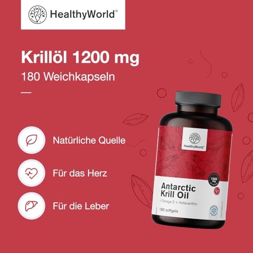 HealthyWorld® Krillöl 1200 mg - 180 Weichkapseln - Omega-3 + Astaxanthin - Ohne Gluten, Laktose und Künstliche Aromen - 3-Monats-Vorrat - Unterstützt Herz- und Kreislauffunktion