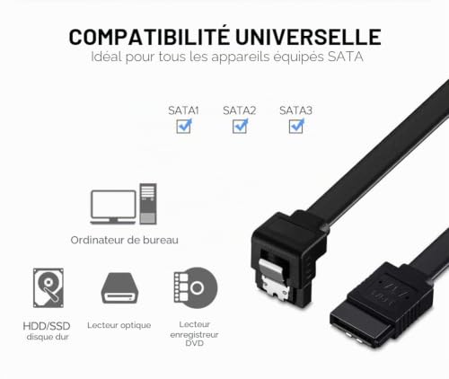 KUYiA Cable SATA III, 35 cm 90 Droit Degrés Angle Data Câble avec Loquet de Verrouillage, 6 Gbps Rapide Vitesse pour SSD HDD CD DVD, Clip en Métal Type L Connecteur Compatible jusqu'à Serial ATA/ 600 – vue 5
