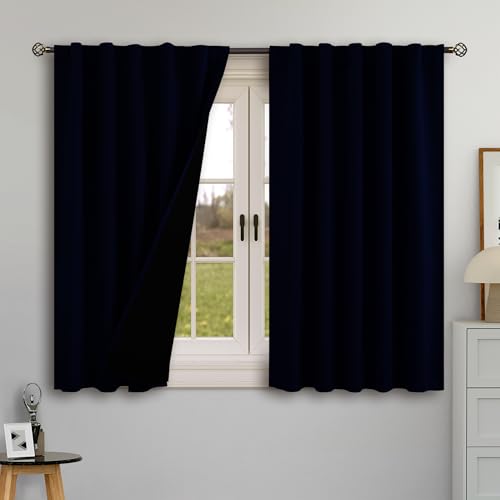 BGment 100% Blackout Curtains 40 Inch Length for Cafe, Rod Pocket and Back Tab Double Layer Thermal Insulated Full Room Darkening Bedroom Kitchen Curtains, 2 Window Panels, 42 x 40 Inch,Navy Blue