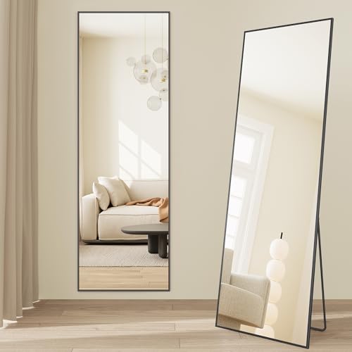 SONGMICS Full Length Mirror, Rectangle Full Body Floor Mirror with Stand, Aluminium Alloy Frame, Tempered Glass, for Bedroom, Living Room, Cloakroom, Square Corner, 160 x 50 cm, Matte Black LFM050BD01