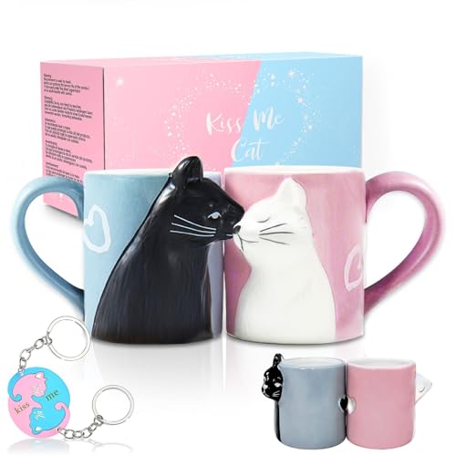 Beso gato Sistema de la taza de los pares del café,Conjunto de taza de cerámica de té divertido único para la novia y el novio, regalo a juego Para Cumpleaños,Aniversario,Boda,Día de San Valentín