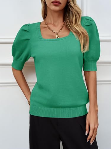 Image of Womens Puff Short Sleeve Sweater Tops Square Neck Casual Knit Pullover
