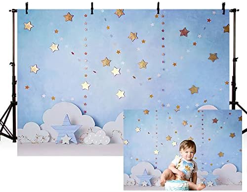 MEHOFOND 7x5ft Blue Boy Birthday Photography Background Twinkle Twinkle Little Star White Cloud and Glod Stars Kids Party Banner Cake Smash Decor Baby Shower Backdrop Photo Studio Booth Props