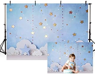 MEHOFOND 7x5ft Blue Boy Birthday Photography Background Twinkle Twinkle Little Star White Cloud and Glod Stars Kids Party Banner Cake Smash Decor Baby Shower Backdrop Photo Studio Booth Props
