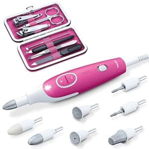 Beurer MP44 Professional Manicure and Pedicure Nail Drill Set, E-File with 7 attachments, LED Light, Electric Nail File with Additional Manual Nail kit, Pink
