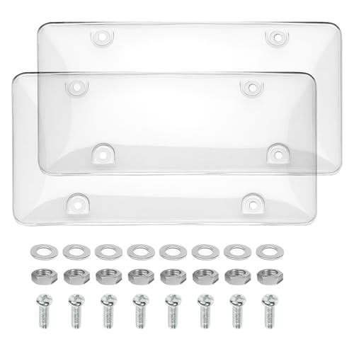 SCUARI 2PCS License Plate Cover Car Accessories Automotive Unbreakable Front Rear Car Tags Plastic Protective Shield with Screws Caps Protective Shield for Front Rear Fits Standard US License Plates