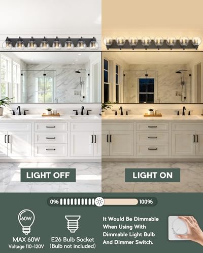 Image of 8-Light Bathroom Light Fixtures, Matte Black Vanity Light, 52 Inch Modern Wall Sconces with Globe Clear Glass Shade, Vanity Lighting Fixtures Over Mirror, VL195-MB-8