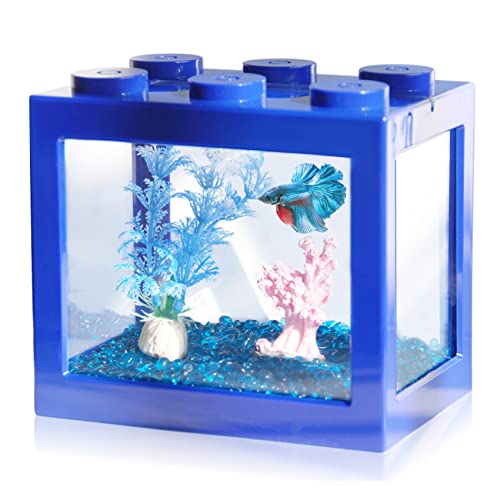 Small Betta Fish Tank, Stackable Mini Fish Tank Aquarium Tank Kit, 3/5 Gallon Rectangular Fish Bowl with Aquarium Gravel Decoration, Tiny Cube Tank for Seaweed Balls Sea Monkeys