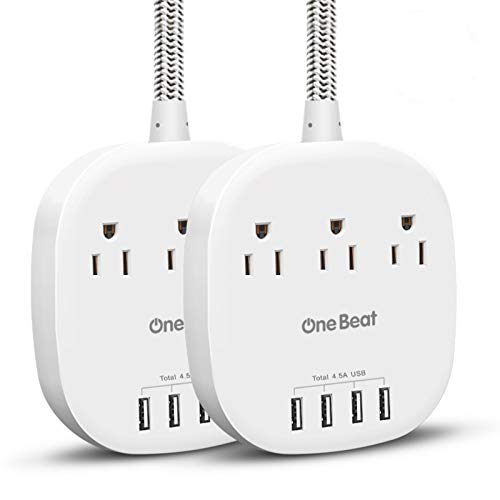 Power Strip 2 Pack, Desktop Charging Station with 3 Outlet 4 USB Ports 4.5A, Flat Plug, 5 ft Long Braided Extension Cord for Cruise Ship Travel Home Office, ETL Listed, White