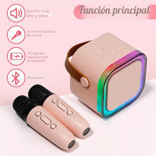 Miniatura 2 de Mini máquina de Karaoke con 2 micrófonos inalámbricos, Luces LED, Efectos de Voz, Altavoz portátil para niños de 3, 4, 5, 6, 7, 8, 9, 10, 11, 12 años o más, Regalo de cumpleaños para niñas de (Pink)