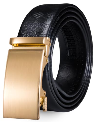 Image of Barry.Wang Solid Gold Belt Black Leather Strap Waist Belt Buckle Automatic Business Mens Gift
