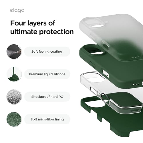 Image of elago Compatible with iPhone 16 Case, Premium Liquid Silicone Case, Full Body Protective Cover, Shockproof, Slim Phone Case, Anti-Scratch Soft Microfiber Lining, 6.1 inch (Alpine Green)
