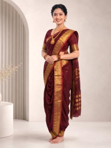 Image of Mom and Me Women Ready to Wear Nauvari Saree, Maharashtrian Peshwai Paithani, 9 Yard Readymade, Acrylic Cotton, Free Size, Traditional Ethnic Saree, with Blouse Piece