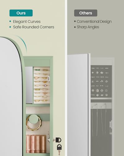 Image of SONGMICS Jewelry Organizer, LED Jewelry Cabinet Wall /Door Mounted, Lockable Rounded Wide Mirror with Storage, Interior Mirror, 3.9 x 16.5 x 42.5 Inches, Laurel Green Surface with Cream White Lining