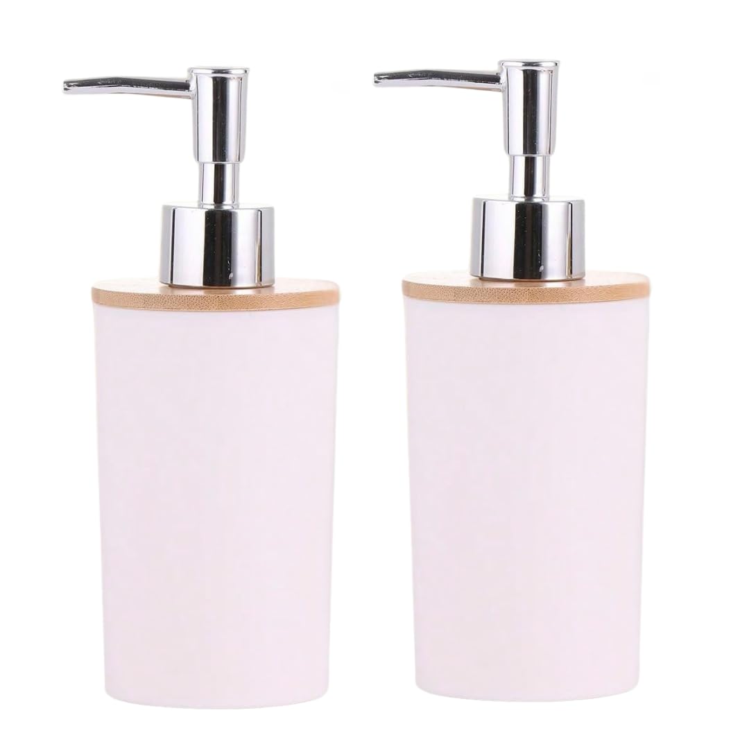 Pack 2 Dispensadores jabon Cocina de 400ml, dosificador jabon Cocina para lavaplatos con Madera de bambú, dispensador jabon baño Elegante y Moderno para Gel, dosificador jabon baño Color Blanco