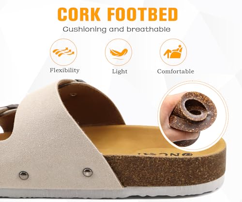 Image of ONCAI Womens Flat Slide Sandals with Arch Support 2 Strap Adjustable Buckle Slip on Slides Shoes Non Slip Rubber Sole