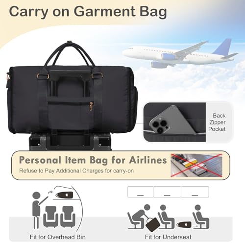 WOOMADA Travel Garment Bag, Convertible Garment Duffle with Shoe Bag and Hanging Dress Compartment for Women, Carry-On Luggage for Business and Leisure Trips(Black)4