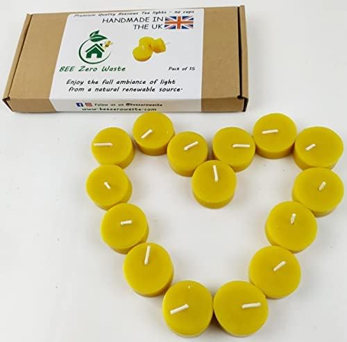 100% Beeswax tealights, set of 15, Hand Poured in UK, BEE Zero Waste, eco-friendly tea lights, 100% beeswax and organic cotton wick, natural air purifier (NO Metal cups)