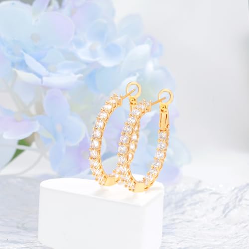 Sterling Silver Gold Large Hoop Earrings for Women - Hypoallergenic Cubic Zirconia Big Loop Earrings for Lady for Sensitive Ears Fashion Huggie Earrings,30MM4