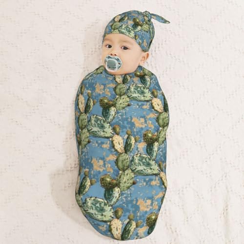 Image of Vintage Cactus Newborn Swaddle Blankets Hat Sets Soft Baby Receiving Blanket Swaddle Sack for Baby Shower Infant Boy Girl Gift