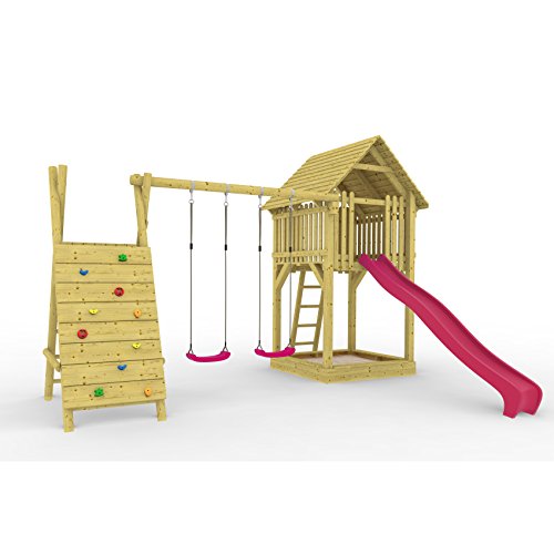 HOQ 7289 - Spielturm Jonas All Inclusive mit Doppelschaukel, Kletterbock, Rutschbahn, Kletterwand und Sandkasten. (Pink) HOQ 7289 - Spielturm Jonas All Inclusive mit Doppelschaukel, Kletterbock, Rutschbahn, Kletterwand und Sandkasten. (Pink)