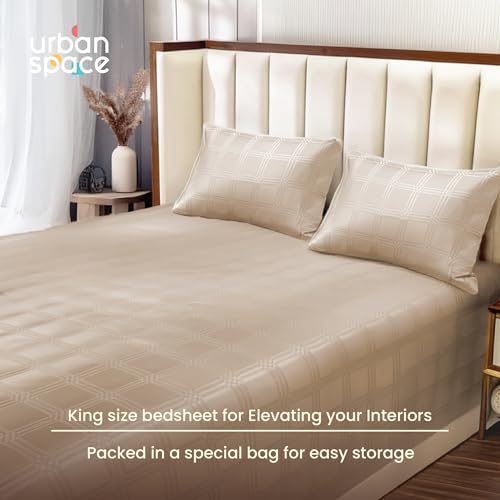 Image of Urban Space 100% Cotton 300TC Jacquard Fitted bedsheets for King Size Bed, Pure Cotton Bedsheet King Bed, Checks Fitted bedsheet King Size with 2 Pillow Covers (72 x 78 Inches, Beige Checks)