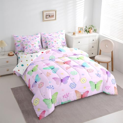 Image of Colorful Butterflies 7 Pieces Bedding Set Queen Size,Rainbow Gradient Bed in a Bag,Cute Cartoon Flower Bed Set Includes Comforter,Sheet Set,Pillowcases & Pillow Covers,Garden Wildlife Bedroom Decor