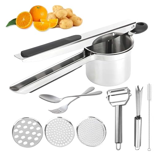 Large 15oz Potato Ricer, Stainless Steel Potato Masher and Ricer Kitchen Tool, Heavy Duty and Durable for Effortless Mashing - with Spoon and Fork Set