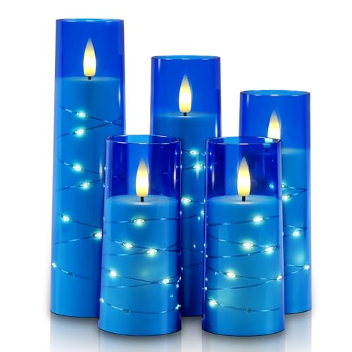 Image of Raycare Independence Day Flameless Candle with Remote Timer - 5 Flickering Acrylic Battery Operated LED Pillar Candles with Embedded Star String for 4th of July Home Patriotic Decor, as a Gift (Blue)