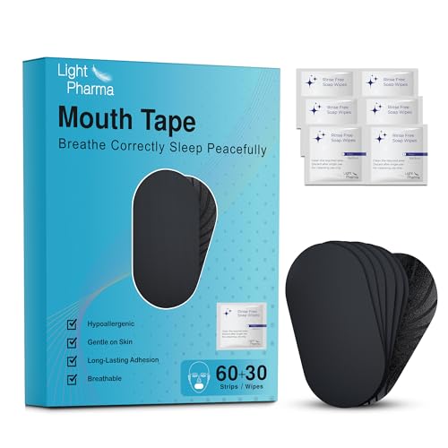 Light Pharma 60 Mouth Tape for Sleeping, Sleep Tape for Snoring Prevention by Improving Nasal Breathing, Mouth Tape for Snoring with Rinse Free Soap Towelettes, Medical Grade | 60 + 30