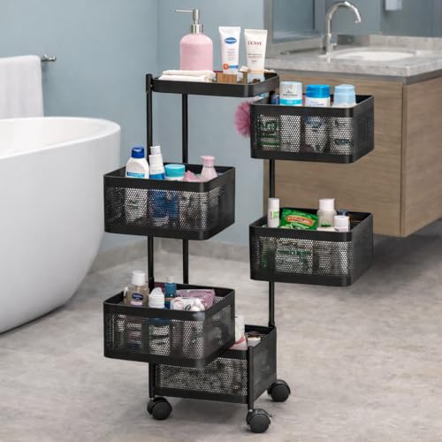 Image of RADIANT 5 Layer Multipurpose Plastic Trolley with Dish Rack for Kitchen Fruit Vegetable Storage Basket Kitchenware Food, Snacks, Toys, Tiered Shelf (Black) (Square Trolley - 5 Layer)