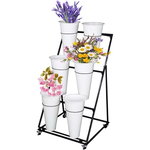Présentoir de fleurs en métal – 2 étages avec 4 seaux, facile à installer pour l'extérieur pour terrasse et jardin, étagère de fleuriste en fer forgé