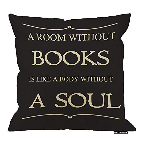 HGOD DESIGNS Book Lover Club Cotton Linen Throw Pillow Cover - A Room Without Books is Like A Body Without A Soul - Square 18X18 Inch Cushion Case
