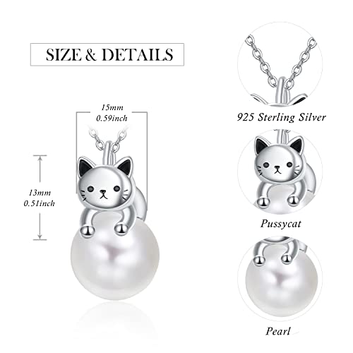 Pearl Necklace 925 Sterling Silver Cute Kitten Cats Freshwater Cultured Real Pearl Cat Pendant, Animals Dainty Single Pearl June Birthstone Jewelry Gifts For Women Girls #TOP4