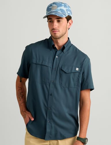 Image of HUK Men's Tide Point Kc Scott Original Artwork Short Sleeve Shirt, Fishing Button Down