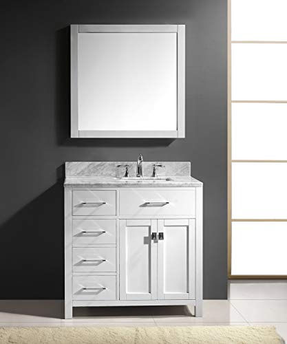 Virtu Usa Caroline Parkway 36 Inch Single Sink Bathroom Vanity Set In White W/Square Undermount Sink, Italian Carrara White Marble Countertop, No Faucet, 1 Mirror - Ms-2136L-Wmsq-Wh #TOP2