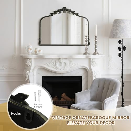 Image of WallBeyond Black Antique Mirror for Vanity 32x24 Inch, Black Vintage Mirror with Ornate Frame, Arched Vintage Wall for Bathroom, Living Room, Fireplace