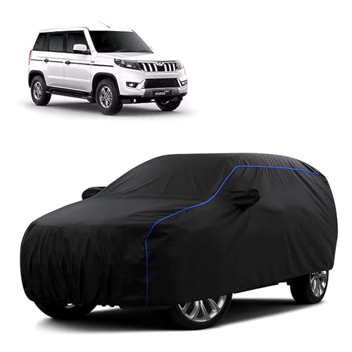 Image of Sulfar 100% Water Resistant Car Body Cover Compatible with Mirror for Mahindra Bolero Neo Plus (Triple Stitched, Full Bottom Elastic, Black Tafetta with Blue Piping)