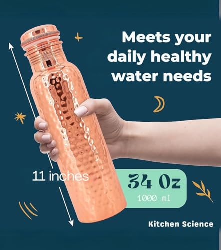 Kitchen Science Authentic Ayurvedic Copper Water Bottle (34oz/1000 ml) w/Copper Tumbler for Drinking Water, Carrying Bag & Deco Sleeve | Lab-Tested, Leak-Proof