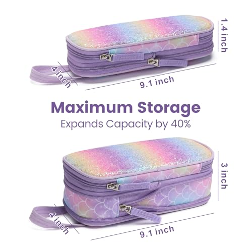 Image of Bagseri Pencil Case for Girls - Large Expandable Kids Pencil Pouch | Wide Opening Pencil Pouch Organizer for School Supplies, Cute Kids Pencil Case for Girls, Glitter Purple Mermaid