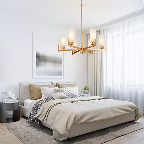 Dining Room Chandelier, 6-Light Gold Chandelier With White Frosted Glass Shades, Modern Chandeliers For Dining Room, Living Room, Kitchen And Bedroom #TOP3