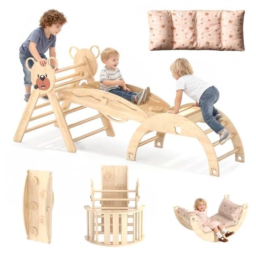 Freelawn Klettergerüst Indoor,Holz Montessori Kletterdreieck mit Rutsche, Bogen，Leiter&Spielmatte ，für Kinder ab 1 Jahr(Naturholz)​