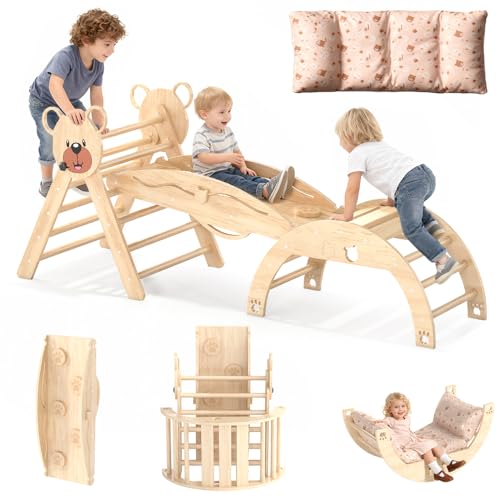 Freelawn Klettergerüst Indoor Holz Montessori Kletterdreieck mit Rutsche BogenLeiter&Spielmatte für Kinder ab 1 Jahr(Naturholz)