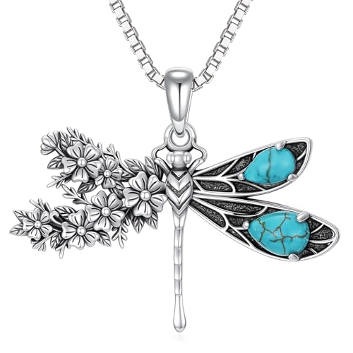 Genuine Turquoise Dragonfly with Flower Pendant Necklace, Sterling Silver Vintage Native American Western Jewelry Birthdays Gift