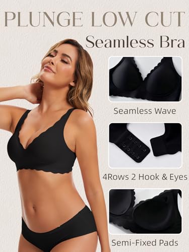 Image of Seamless Wavy Bra Wireless Jelly Bralette Low Cut Deep V Neck Bras | Adjustable Straps, Sexy Plunge Bra, Removable Pads, High Elastic Fabric, Scalloped Edges, Deep V Bras for Women No Underwire
