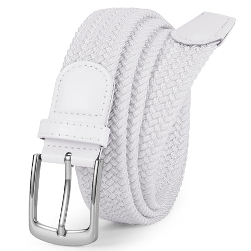 VONMELLI Mens Elastic Woven Golf Belt Casual Stretch Braided Web Belt 1 3/8 Gift for Golf Pants Shorts Jeans White Fit Waist 35-38